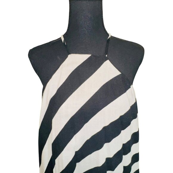 GB Black White Striped Halter Dress Built in Short Asymmetrical Hem Deep V Back - Picture 3 of 7